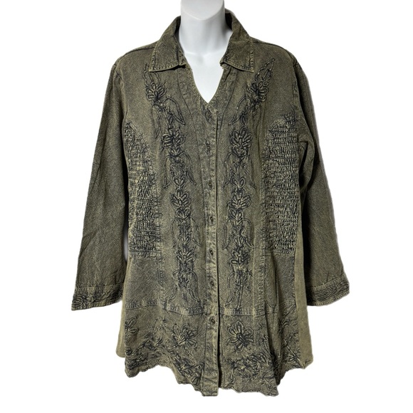 Parsley & Sage Tops - Parsley & Sage Khaki Green Denim Look Embroidered Button Down Top Shirt 1X Artsy